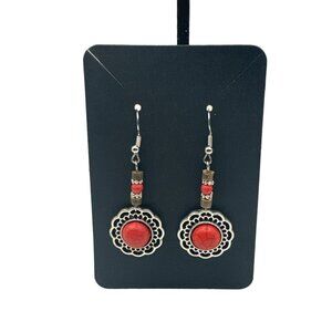 Handmade Silver Tone Dangle Earrings with Red Beads and Filigree Flower Design